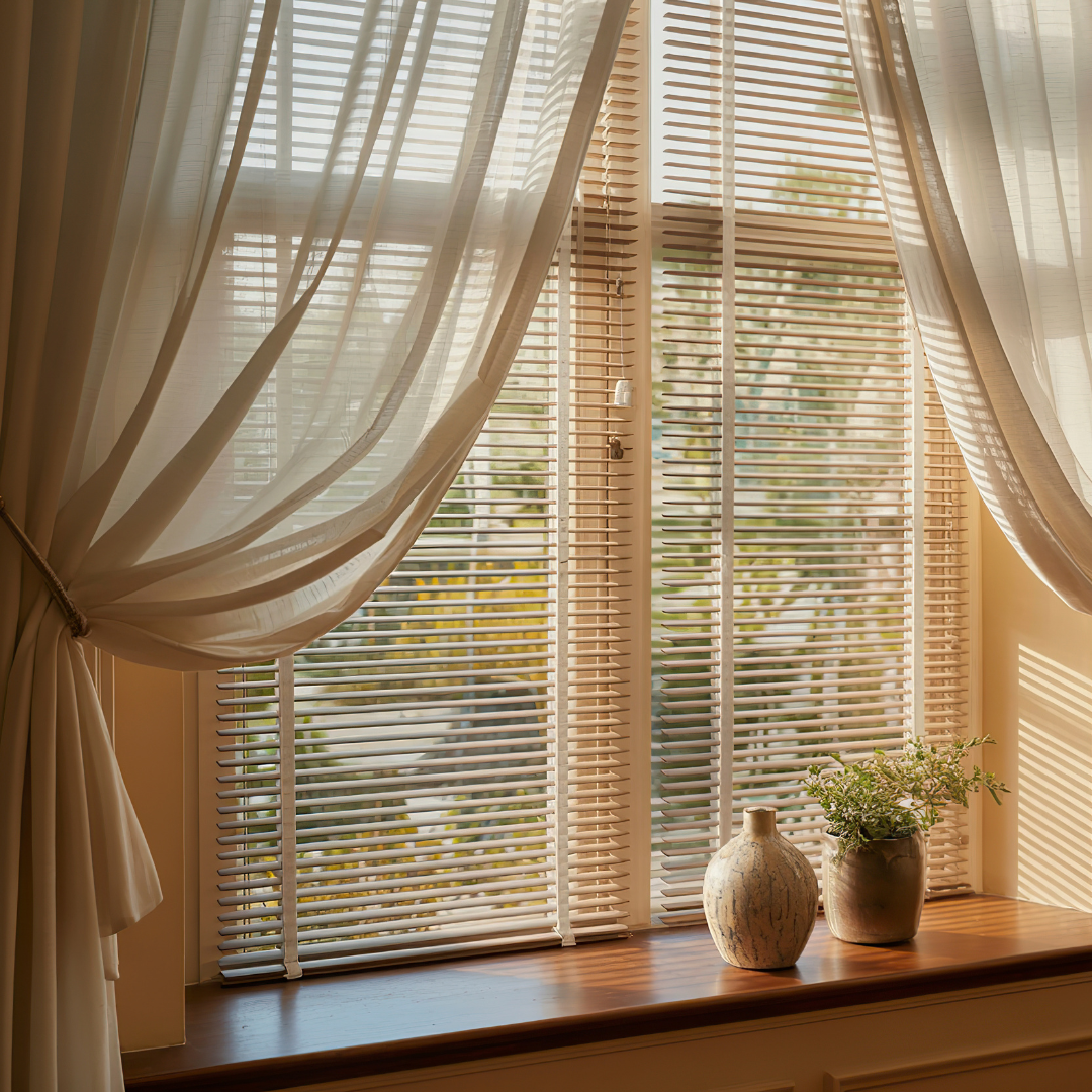 Bright, streak-free residential home windows with sheer curtains and natural light after professional window cleaning by Mik Oy in Lahti, Finland
