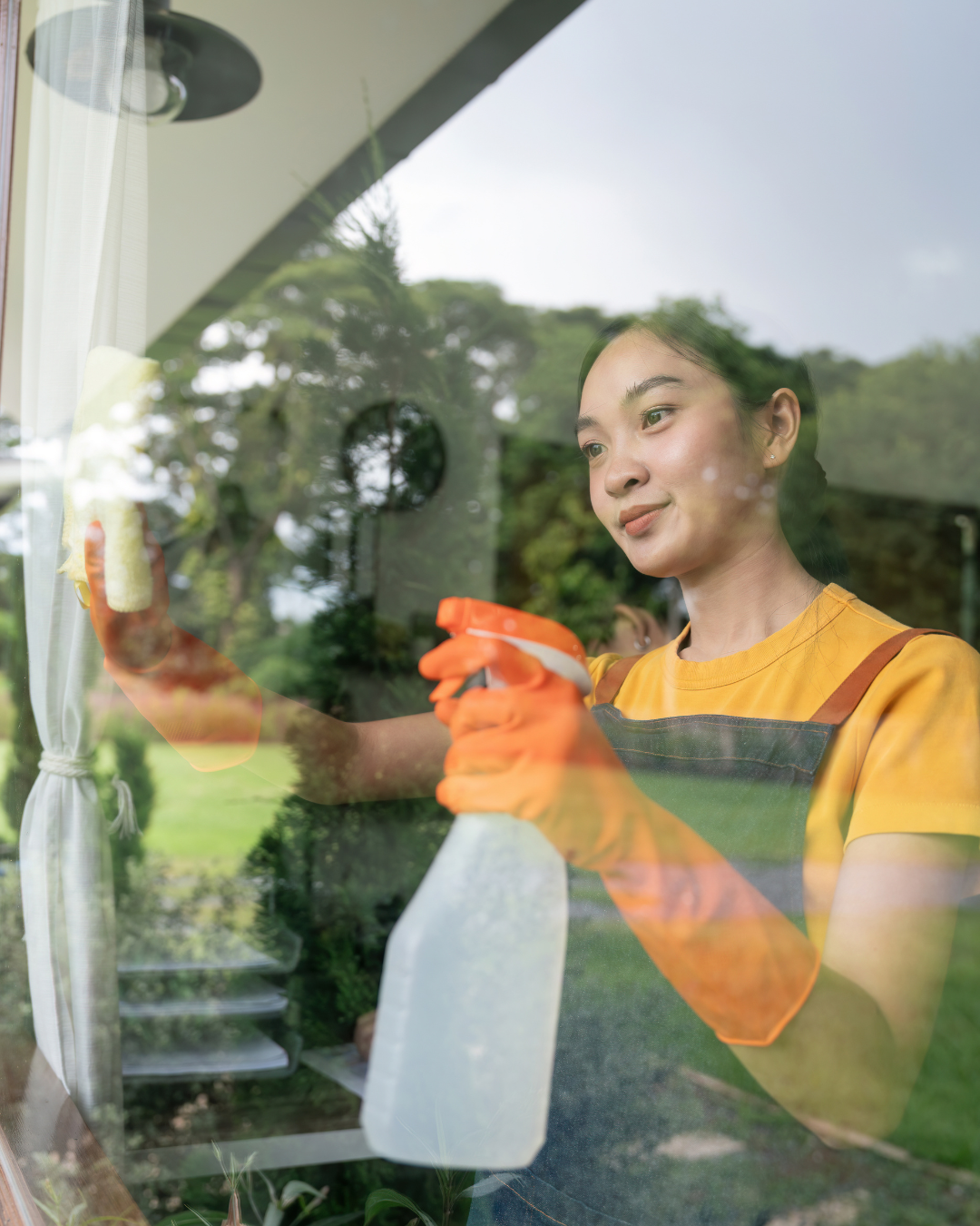 Mik Oy cleaner in orange gloves wiping the interior of a residential house window with eco-friendly spray, garden view in background, Espoo, Finland