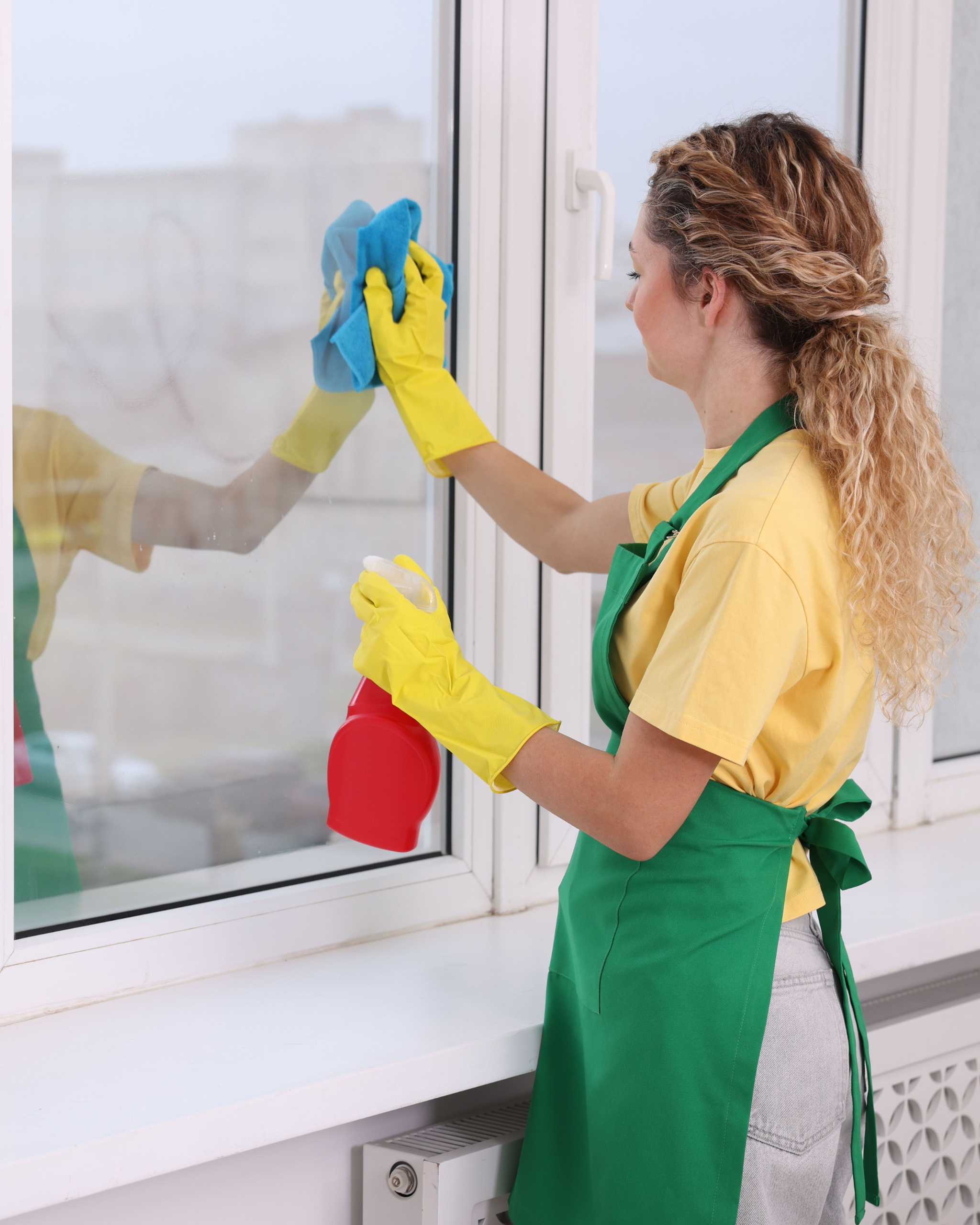 Mik Oy cleaner in yellow gloves wiping a residential apartment window with eco-friendly cleaning spray in Helsinki, Finland