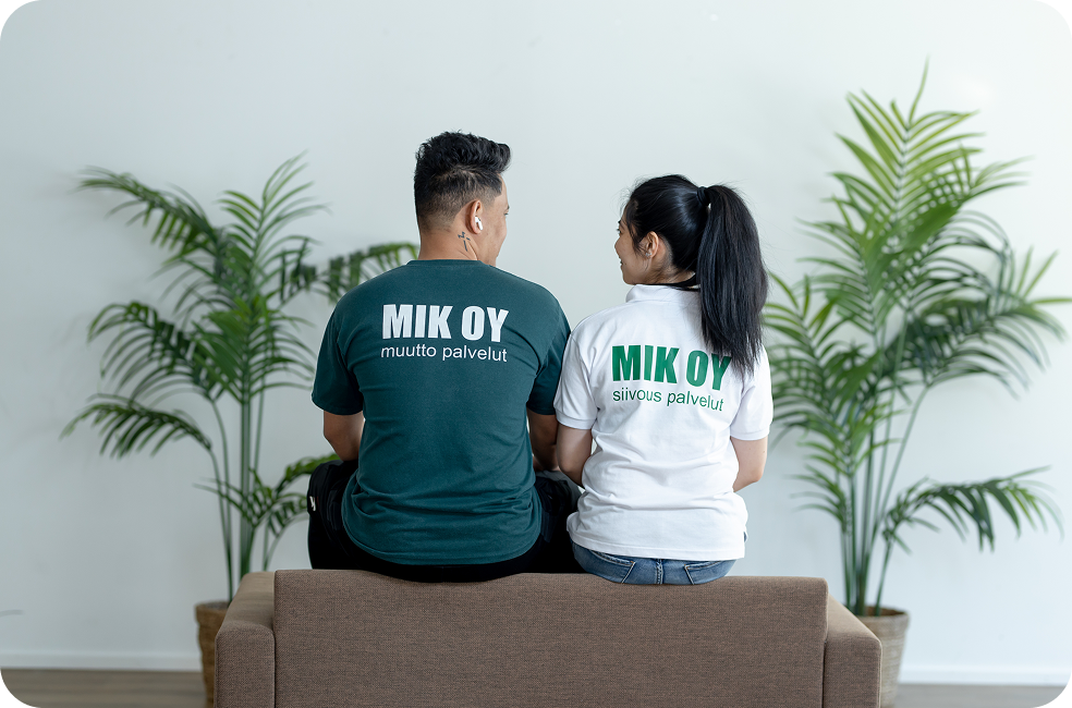 Mik Oy cleaning and moving services team in branded uniforms, serving Helsinki, Espoo, Vantaa and the Uusimaa region